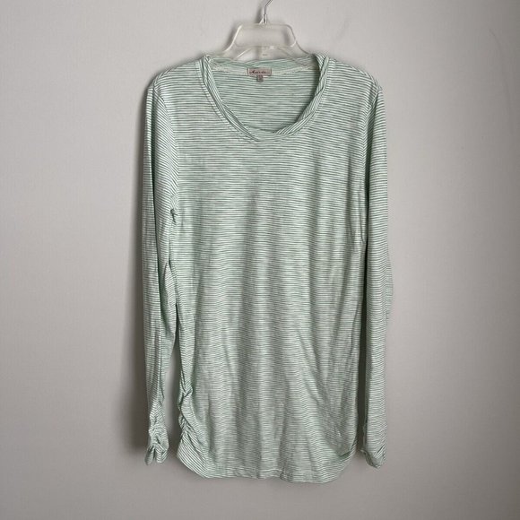 Mododoc Sundance Green Striped Top with Ruched Long Sleeve - Picture 1 of 6